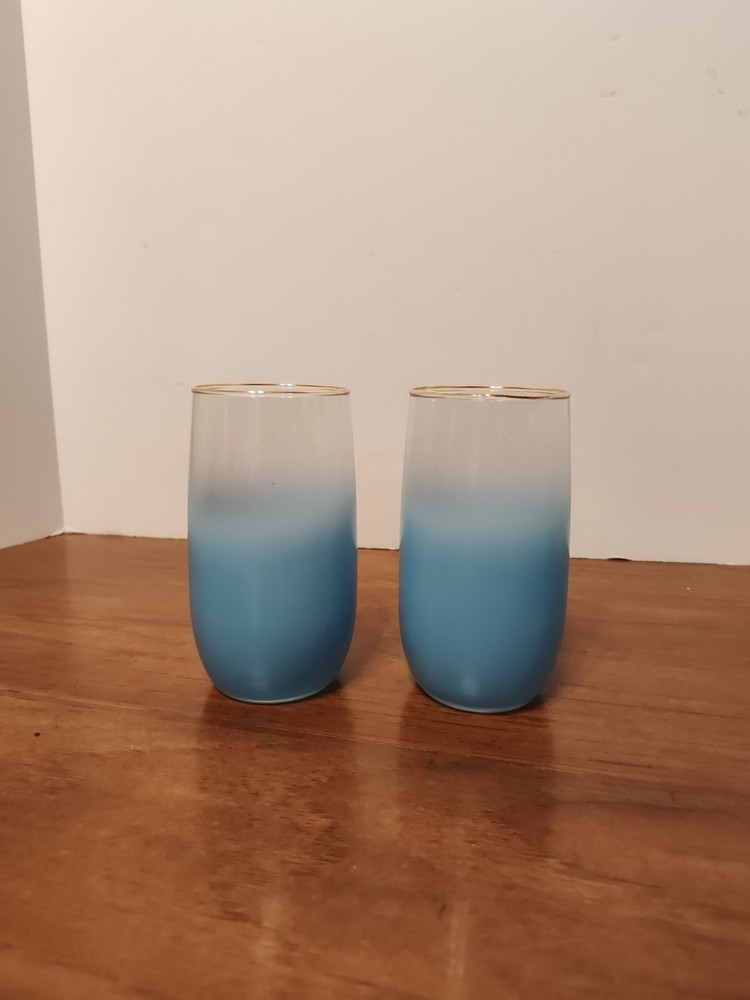 Vintage BLENDO Lot of 2 5″ Blue Frosted Tumbler Glasses MCM