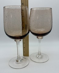 2 Beautiful Amber Tint Two Tone Blown Bubble Glass Jumbo Water Wine Stem Goblet
