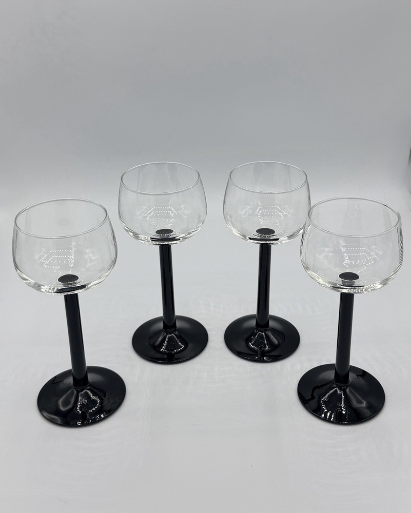 Vintage Luminarc Domino Wine Glasses Goblets — MCM Black Stem — Set of 4 France