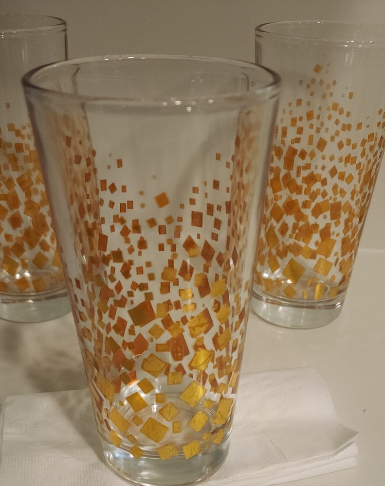 Vintage Mid-Century Mod Metallic Gold Confetti Highball Tumbler Glasses Set of 3