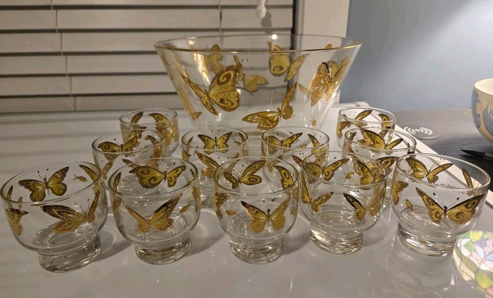 Culver Mid-century Modern Punch Bowl 22k Gold Butterflies With 11 Glasses RARE