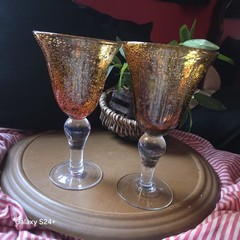 Vintage Amber Ruby Cased Art Glass Goblets Pair Controlled Bubble Hand Blown 8.5