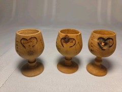 Vintage Folk Art Wooden Cordial Miniature Glasses Cups Set of 3 Pyrography Wood