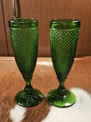 2 Vintage Ivima Handmade Green Cut Diamond Point Heavy Glass Flutes 1950’s Era