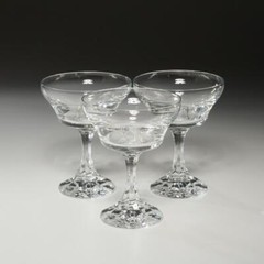 3 Hand Blown Cut Optic Stem Crystal Clear Bell Glass Champagne Flared Coupe 5″