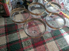 Vintage French Coupe Champagne Glasses Thick Gold Trim & BLUE INSIDE TRIM 5 pcs