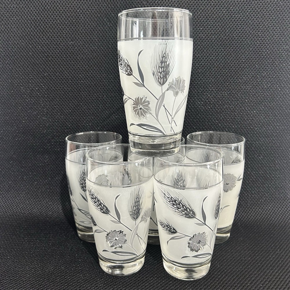 Vintage Libbey Wild Flower And Wheat 12 Oz Tumblers Set Of 6 Perfect Condition