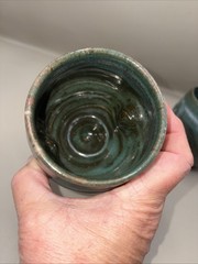 Pair of 2 Hand Thrown Studio Pottery Thumb Cups Teal Ceramic Dimple Tumbler