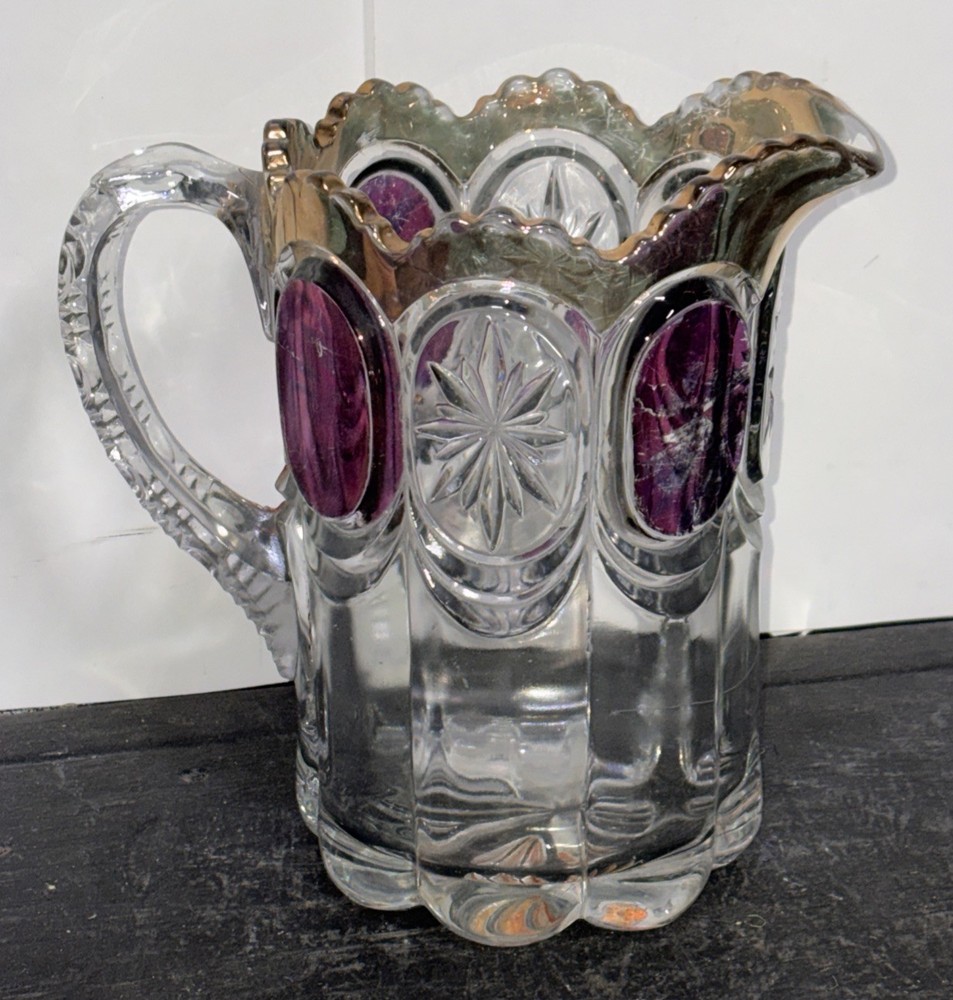 Vintage EAPG Bulls Eye & Starburst Pitcher W/ Amethyst Stain US Glass Co