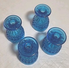 Set 4 Mini Ice Blue Goblets Pressed Glasses Diamond Cut Pattern 2.1/2 inches VTG