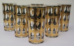 MCM Gold & Green Crackle Glass High Ball Glasses Culver ? Piza?
