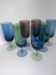 Block Festival Iced Tea Water Glasses Blue/ Green &Amethyst/ Blue 8.5” Set Of 7