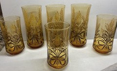 Libbey Glass Gold Bounty Amber Wheat w Ribbon Bow Set Of 6 – 2 Sizes Excellent