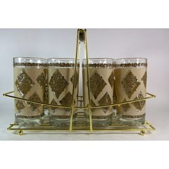 Mid Century Drinking Glasses Set of 8 Hollywood Regency Barware and Caddy