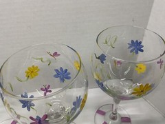 Hand Painted Clear Stemmed Goblets – Flowers & Dragonflies – 8.5” T – Preowned