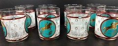 Set 8 Mid Century Modern MCM Double Old Fashioned Glass Equestrian Horse Jumping