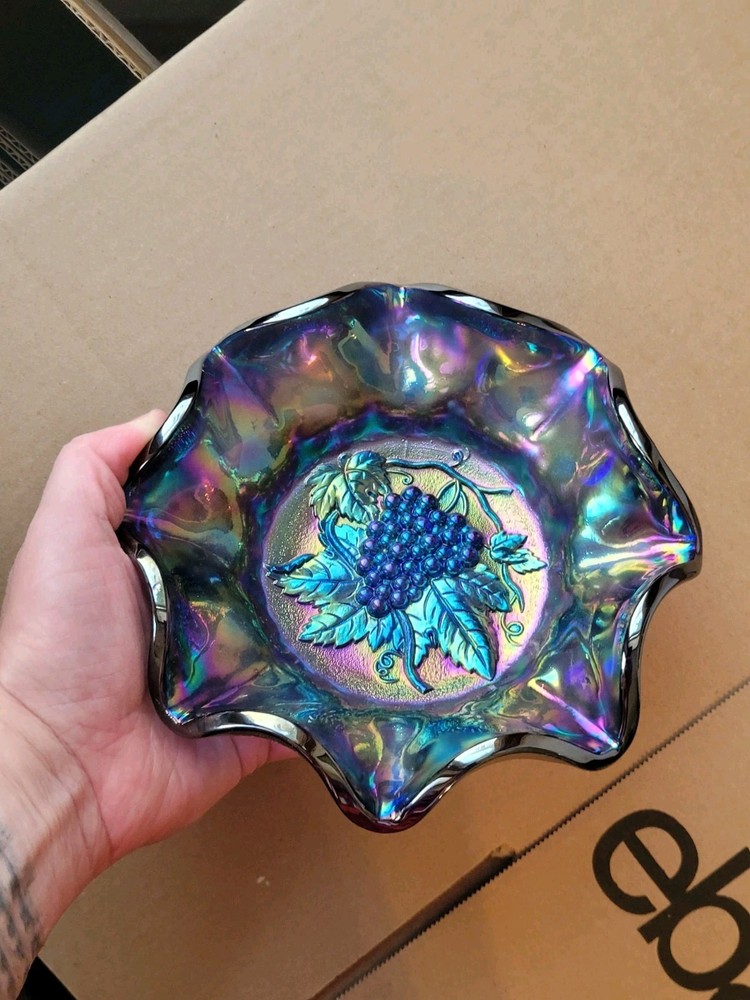 Super Scarce Electric Blue Imperial Carnival Glass Heavy Grape Bowl BUY IT!!