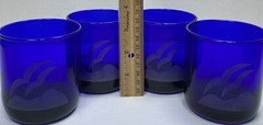 Vintage Libbey Cobalt Blue Etched Seagull Waves 4 Round 10oz Tumblers Blue Glass