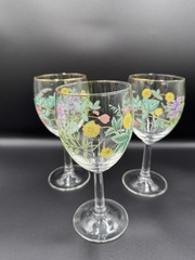 Vintage Hand Painted Floral Wine Glasses Gold Rim Cottagecore Stemware Set