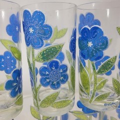 Set Of 7 Vintage Culver Blue Daisy Flowers Cocktail Highball Glasses Signed