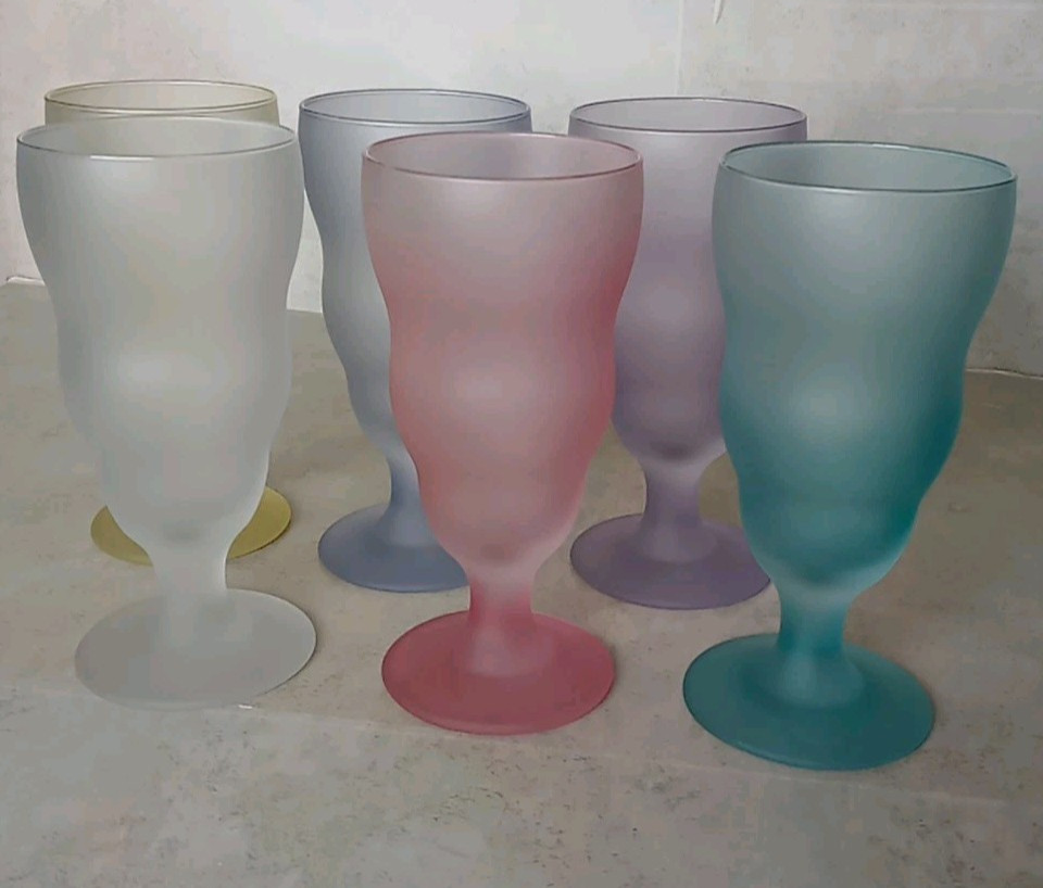 Libbey 6 Vintage Watusi Pastels Frosted Sundae Ice Cream Smoothie Glasses 7″