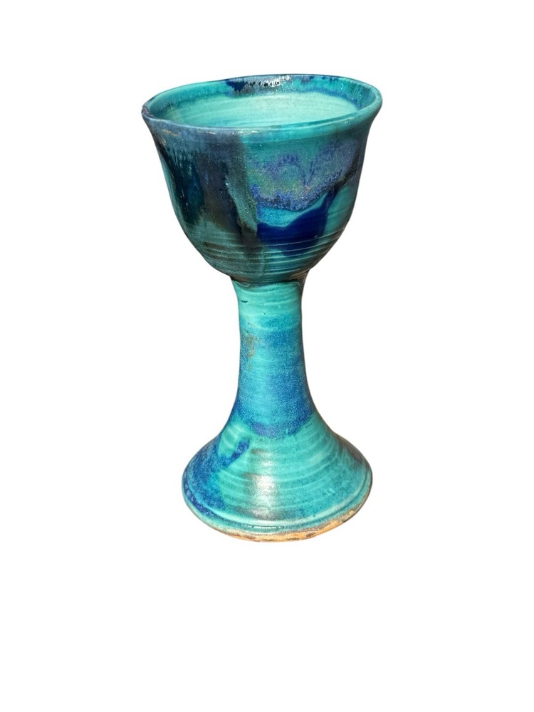 Vintage studio art pottery goblet or chalice with a blues & green drip glaze