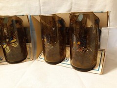 Anchor Hocking Butterfly Flower Glasses, 8 Total, Smoke Brown 12 oz, Vintage 70s