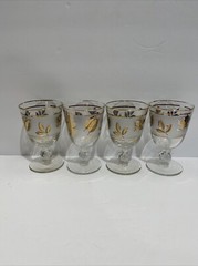 Vintage Libbey Mid Century Frosted Gold Leaf Set Of 4 Goblet Glasses 5 3/8”