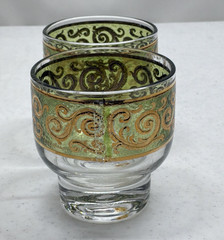 Culver 22K Gold And Green Toledo Pattern MCM Low Ball Glasses Set of 2 Signed