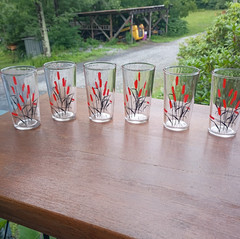 6 Hand Painted Cattail 3 3/4″ 4 oz. Water Glass Tumblers Original Vintage Lot