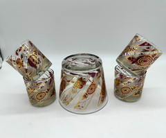 VTG Culver Gold Red Chrysanthemum Rocks Glasses Set of 4 With Ice Bucket Barware