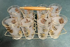 Vintage Libbey Gold Leaf Glasses 8-Piece Set Frosted w/Metal Carrier & Decanter