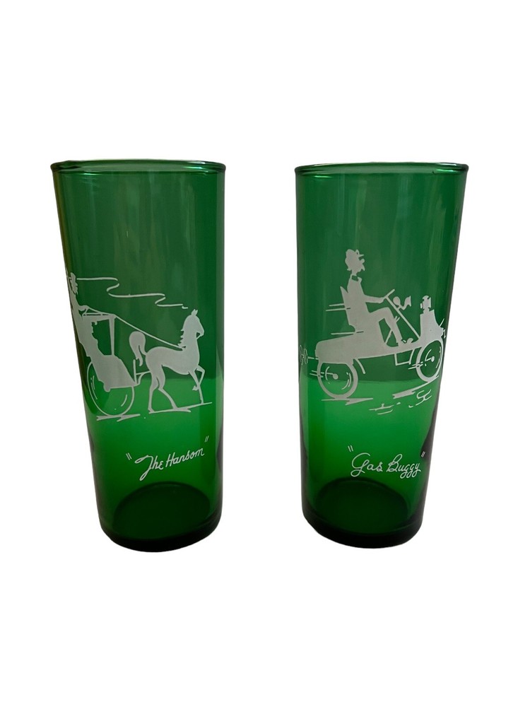 Vintage Anchor Hocking Green Glasses (2) The Hansom & Gas Buggy 6 ½” Tall Hiball