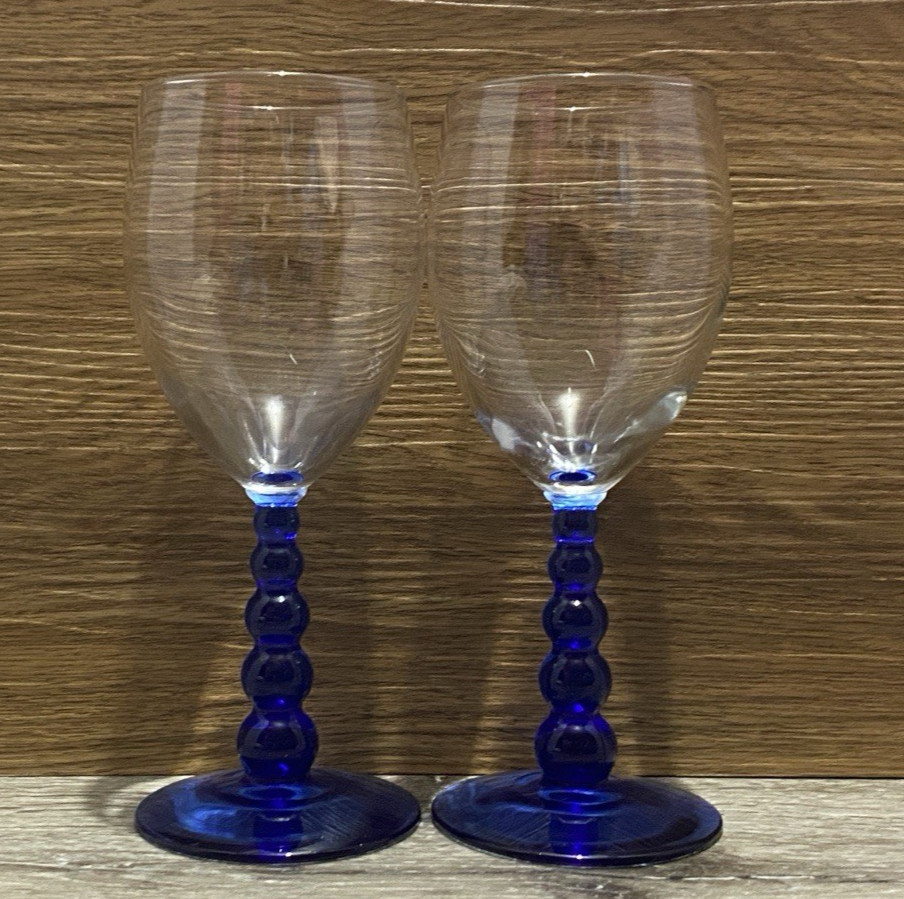 Libbey Metropolis Cobalt Blue Wine Glasses Bubble Stem W/Clear Bell set of 2