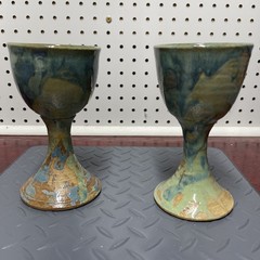 Blue Aqua Green Beige Tan Pottery Drip Glaze Swirl Goblet Chalice