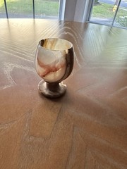 Small Stone Goblet with Chipped Pedestal Base Brown Beige White