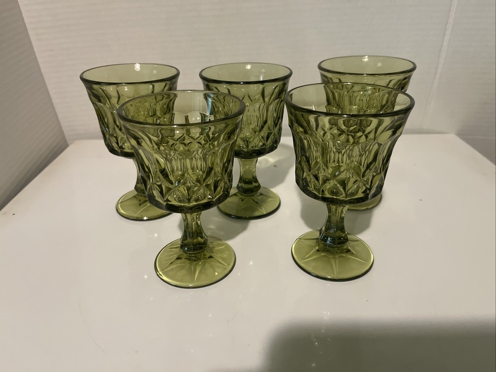 VTG 1970’s Noritake Perspective Avocado Green 5 Wine Goblets 4 7/8” Tall