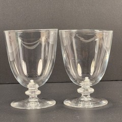 2 VTG Steuben Crystal Water Wine Goblet Glass Wafer Disc Stem 4.75″ Signed Set