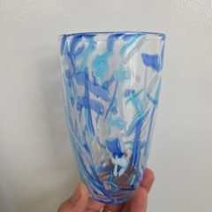 Blue White Confetti Glass Tumbler Hand Blown 6″ Tall