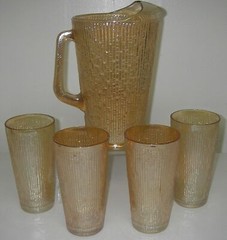Jeannette Glass TREE BARK Variant Marigold 5 pc Beverage Set Pitcher tumblers
