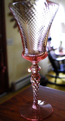 Vtg Set 5 TIFFIN FRANCISCAN Water Goblet Glasses PINK SWIRL OPTIC 8.75″ 15022