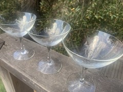 Vintage Etched Wheat Pattern Clear Glass MCM Crystal Champagne Glasses Set of 3