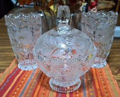 3-Piece set. 2 Clear Cut Glass vases w/ Lidded Candy Dish Decorative