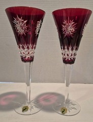 2003 Pair Waterford Crystal Ruby Red Snow Crystals Champagne Flutes NEW