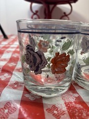 Vintage Anchor Hocking Rock Clear Glasses Set of Nine Pink-Blue Floral Appliqué