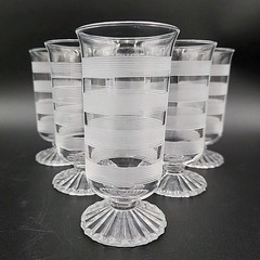 6 Vtg Frosted Cut Ringed Juice Tumblers Banded Crystal Ribbed Footed Flair