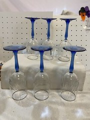 Libby Crystal Goblets Drape Bowl/ Cobalt Blue Stem Set Of 6 Vintage 40.00