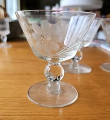 Crystal Etched Glass Sherbet Dishes Floral Design, Set of 3, 3.75″ Tall