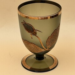 VTG BOHEMIAN CZECH FOOTED GLASS GOBLETS SMOKY SAGE GREEN 24K GOLD GILT SET OF 6