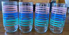 Vintage Pastel Pink Blue Green Stripe Drinking Glasses Set of 8 MCM